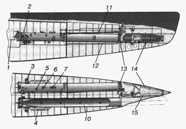 Схема пневматического торпедного аппарата с системой беспузырной торпедной стрельбы.