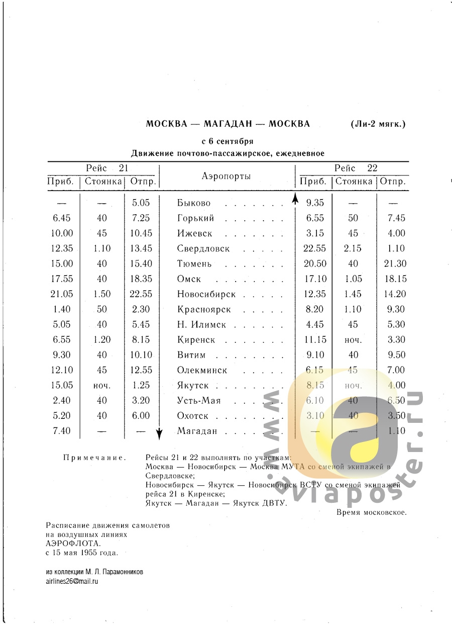 Расписание полетов Ли-2 по маршруту Магадан — Москва — Магадан.