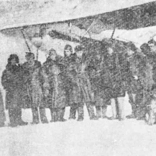 Проводы авиазвена М.В. Водопьянова (шестой слева) с бухты Нагаева на Чукотку. 1935 год.