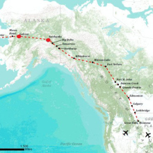 Аляскинский маршрут переброски самолетов, поставляемых СССР. Аэродромы Лэдд-Филд и Галена отмечены красными кружками