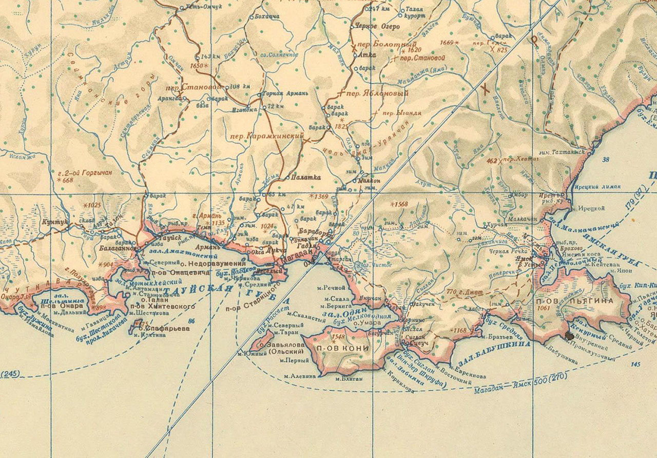 Карта побережья Охотского моря. 1946 год.