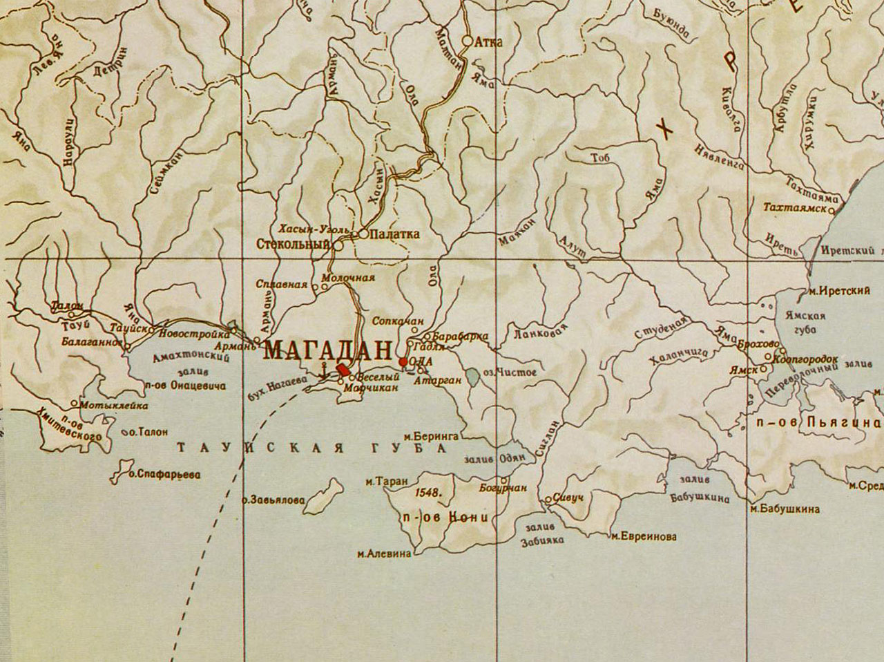Карта побережья Охотского моря. 1955 год.