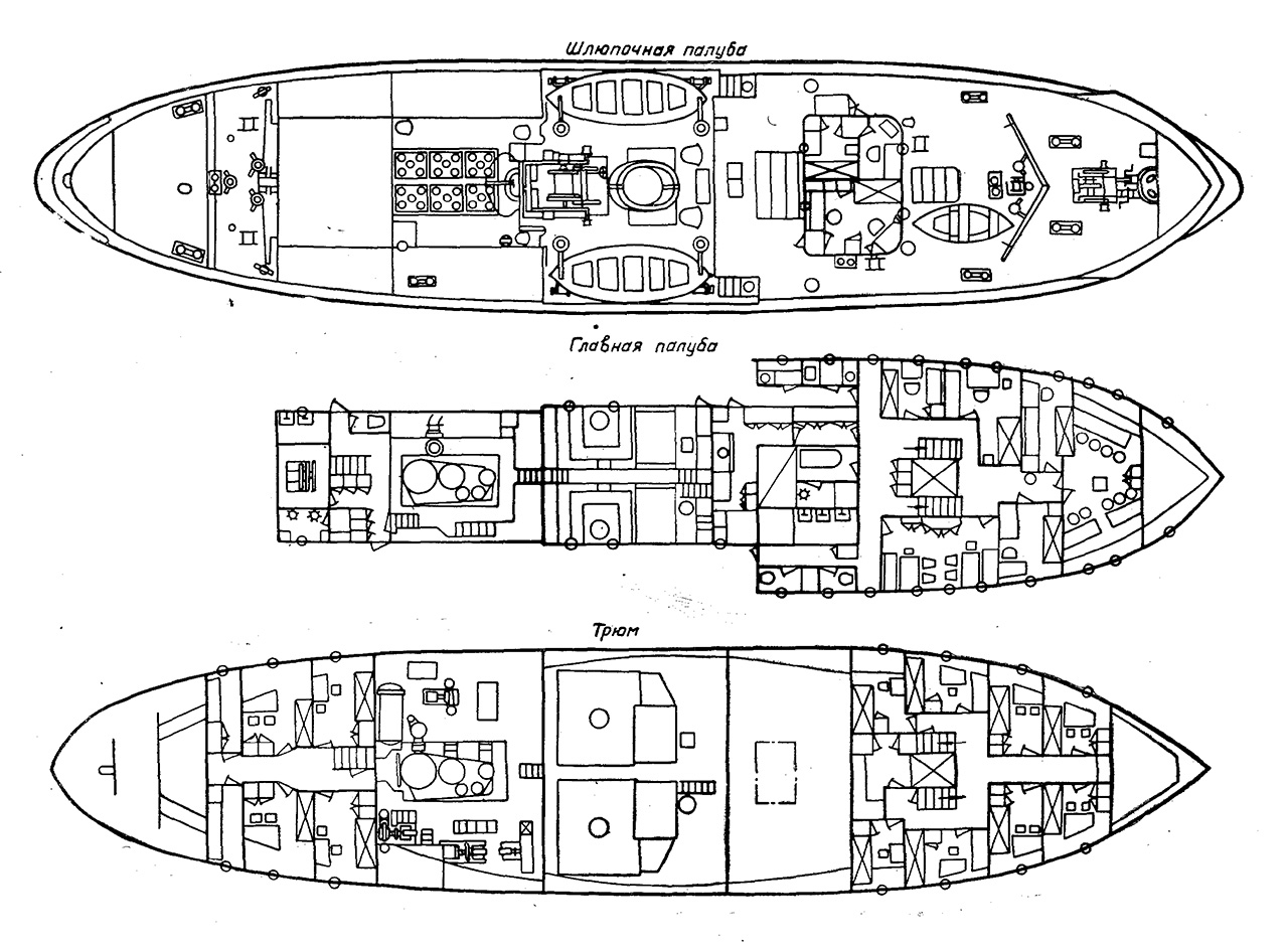 Буксирный морской пароход. Проект Фин-800. Вид по палубам.