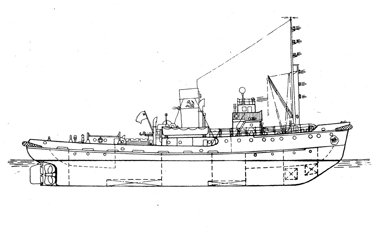 Буксирный морской пароход. Проект Фин-800. Вид сбоку.