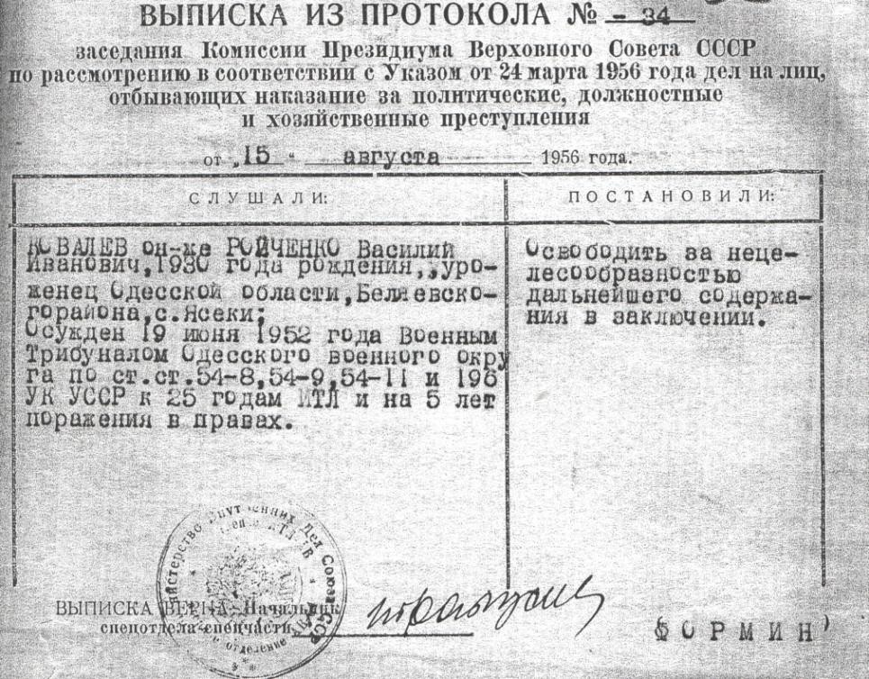 Выписка об освобождении Ковалёва В.И.