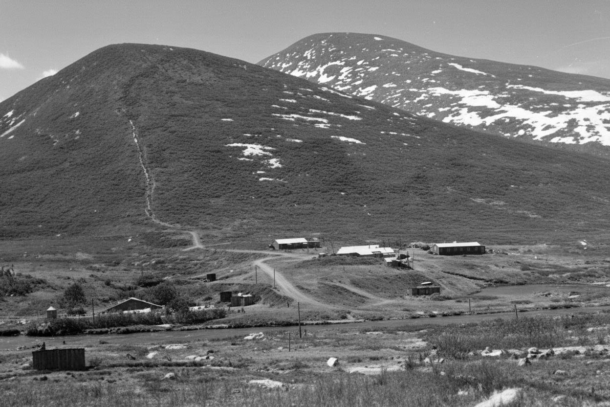 Долина реки Дюрас-Юрега. Посёлок имени Третьей пятилетки. 1952 год. Фото из архивов Сеймчанского музея.