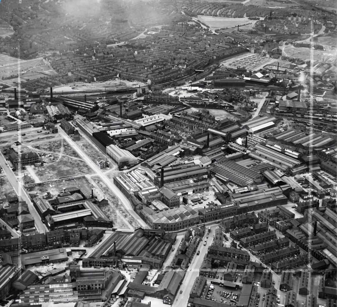 Машиностроительный завод «‎J&H McLaren Airedale» и его окрестности, Ханслет, 1950 год.